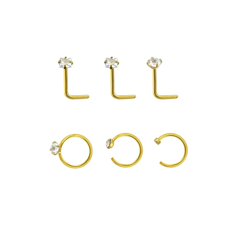 Multi-Pack CZ Goldtone L-Bend Nose Rings and Half Hoop 6 Pack - 20 Gauge