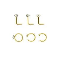 Multi-Pack CZ Goldtone L-Bend Nose Rings and Half Hoop 6 Pack - 20 Gauge