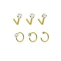 Multi-Pack CZ Goldtone L-Bend Nose Rings and Half Hoop 6 Pack - 20 Gauge