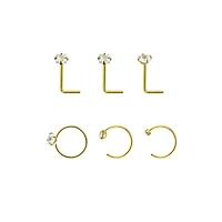 Multi-Pack CZ Goldtone L-Bend Nose Rings and Half Hoop 6 Pack - 20 Gauge