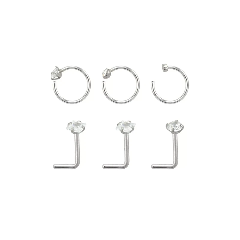 Multi-Pack Round and Square CZ L-Bend Nose Rings Hoop 6 Pack - 20 Gauge