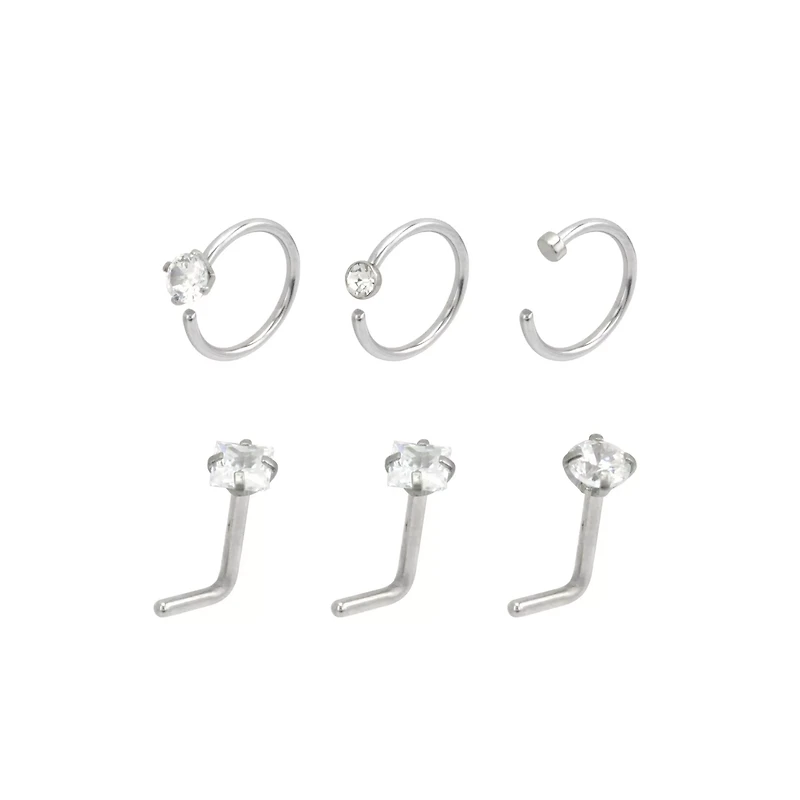 Multi-Pack Round and Square CZ L-Bend Nose Rings Hoop 6 Pack - 20 Gauge