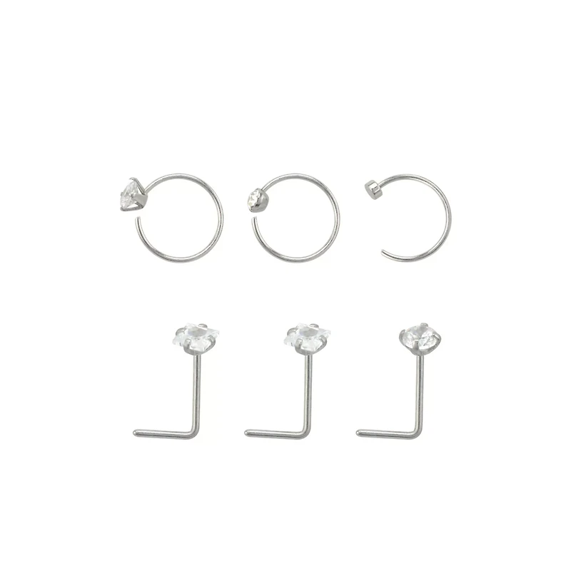 Multi-Pack Round and Square CZ L-Bend Nose Rings Hoop 6 Pack - 20 Gauge