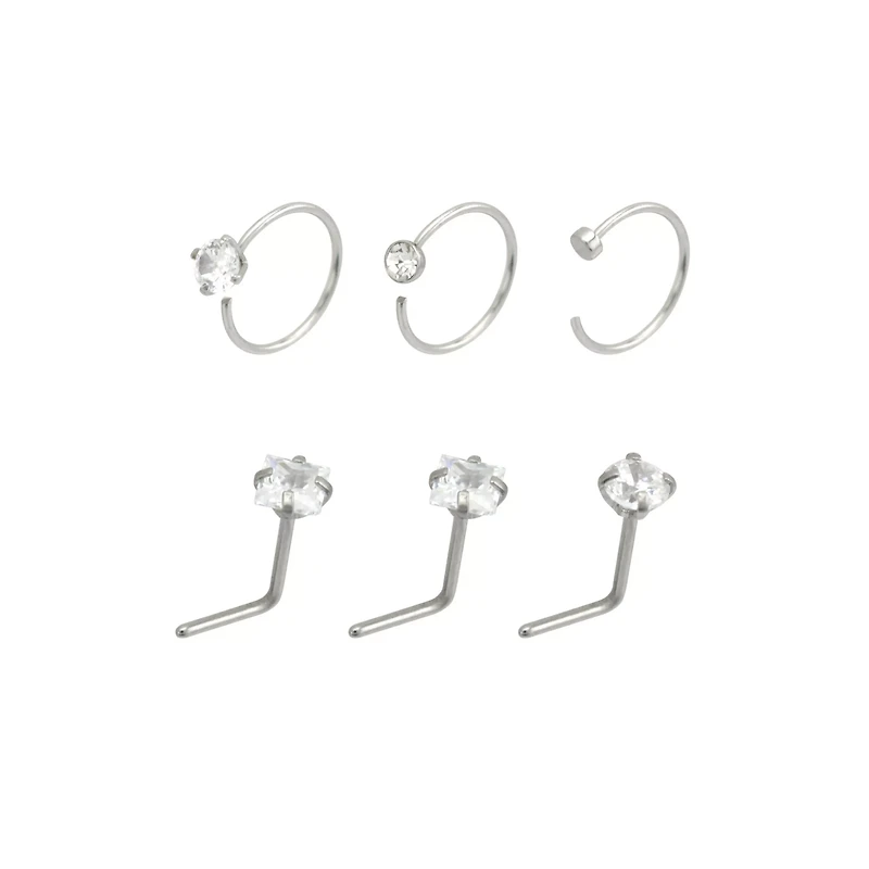 Multi-Pack Round and Square CZ L-Bend Nose Rings Hoop 6 Pack - 20 Gauge