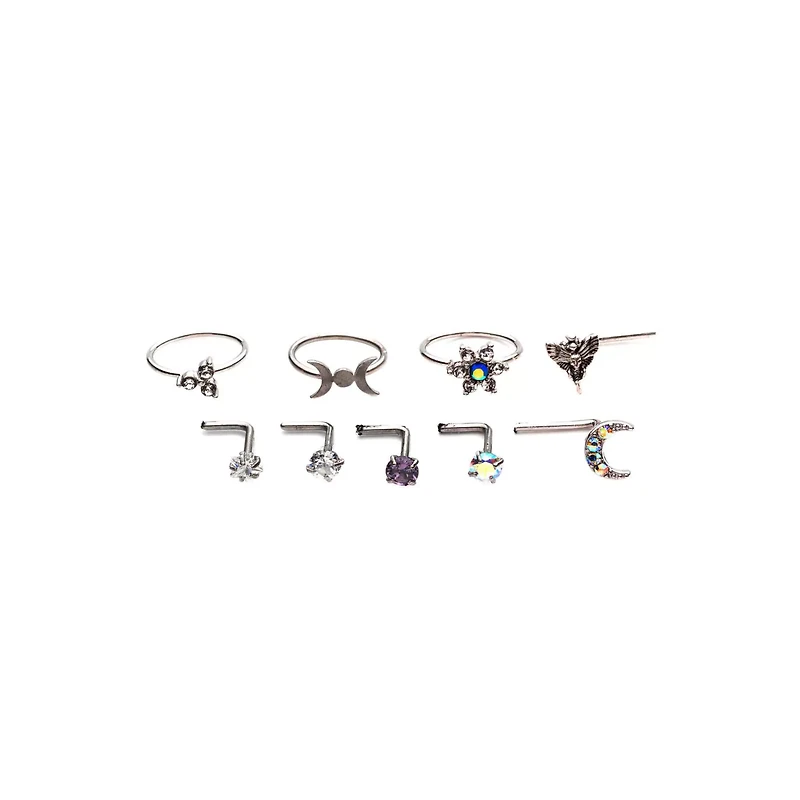 Multi-Pack CZ Moon and Star Hoops L-Bend Nose Rings 9 Pack - 20 Gauge