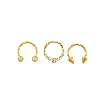 Multi-Pack CZ Goldtone Horseshoe Rings and Clicker Septum Ring 3 Pack - 16 Gauge