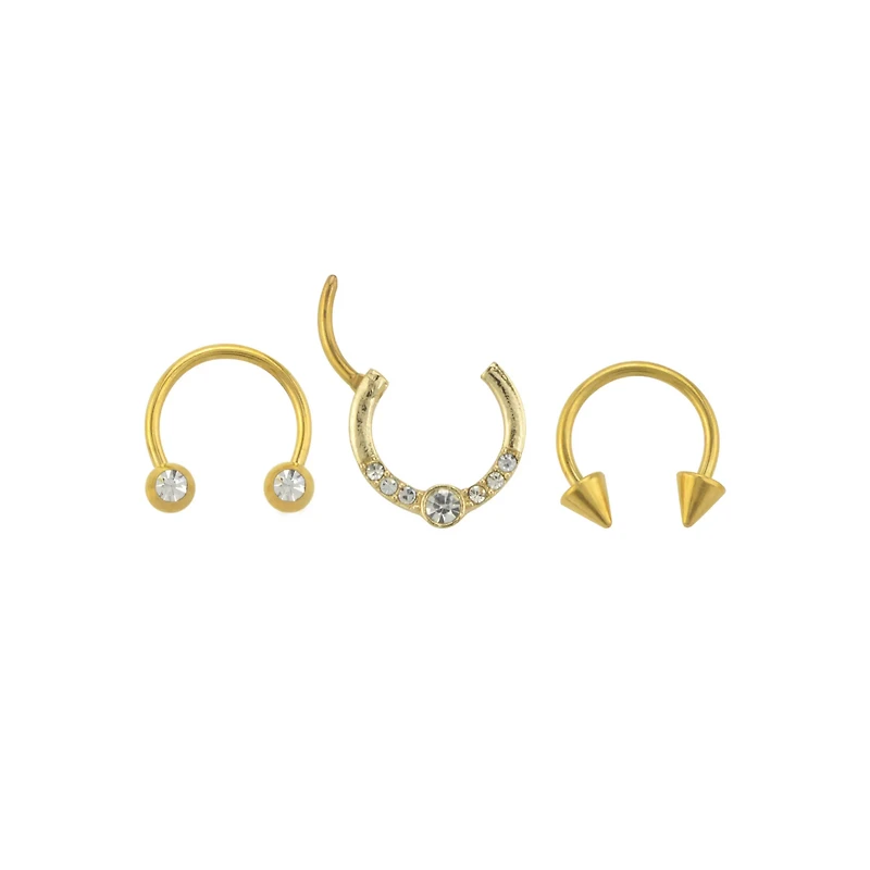 Multi-Pack CZ Goldtone Horseshoe Rings and Clicker Septum Ring 3 Pack - 16 Gauge