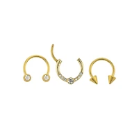 Multi-Pack CZ Goldtone Horseshoe Rings and Clicker Septum Ring 3 Pack - 16 Gauge