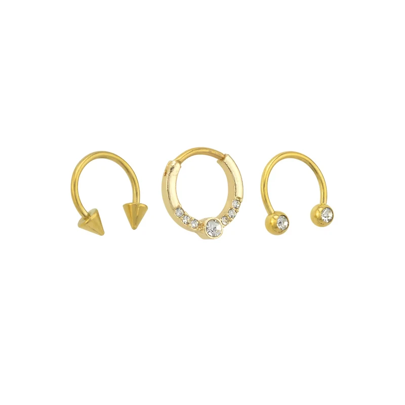 Multi-Pack CZ Goldtone Horseshoe Rings and Clicker Septum Ring 3 Pack - 16 Gauge