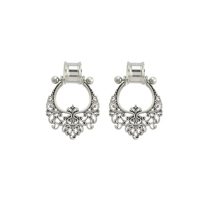Silvertone Filigree Dangle Double Flare Tunnels