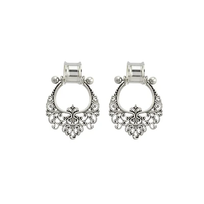 Silvertone Filigree Dangle Double Flare Tunnels