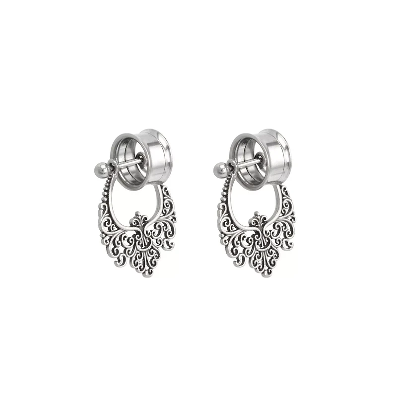Silvertone Filigree Dangle Double Flare Tunnels