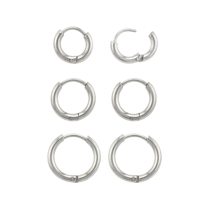 Multi-Pack Silvertone Huggie Hoop Earrings Graduated Sizes - 3 Pair