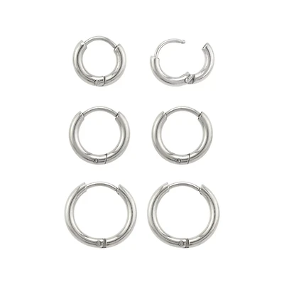 Multi-Pack Silvertone Huggie Hoop Earrings Graduated Sizes - 3 Pair