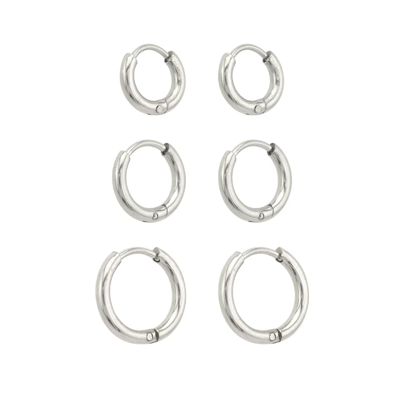 Multi-Pack Silvertone Huggie Hoop Earrings Graduated Sizes - 3 Pair