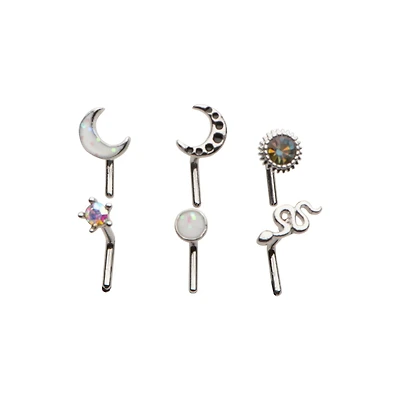 Multi-Pack CZ Star and Moon L-Bend Nose Rings 6 Pack - 20 Gauge