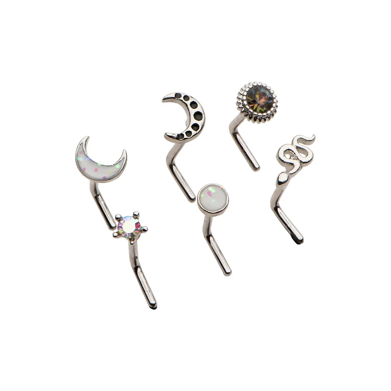 Multi-Pack CZ Star and Moon L-Bend Nose Rings 6 Pack - 20 Gauge