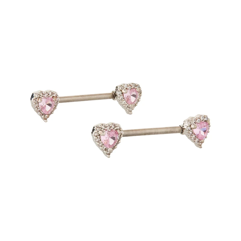 Pink CZ Heart Nipple Barbells - 14 Gauge