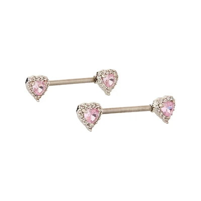 Pink CZ Heart Nipple Barbells - 14 Gauge