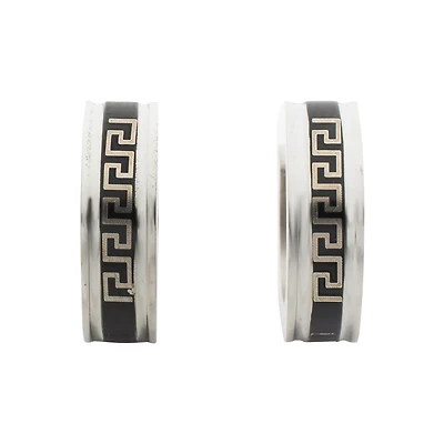 Silvertone and Black Greek Huggie Hoop Earrings