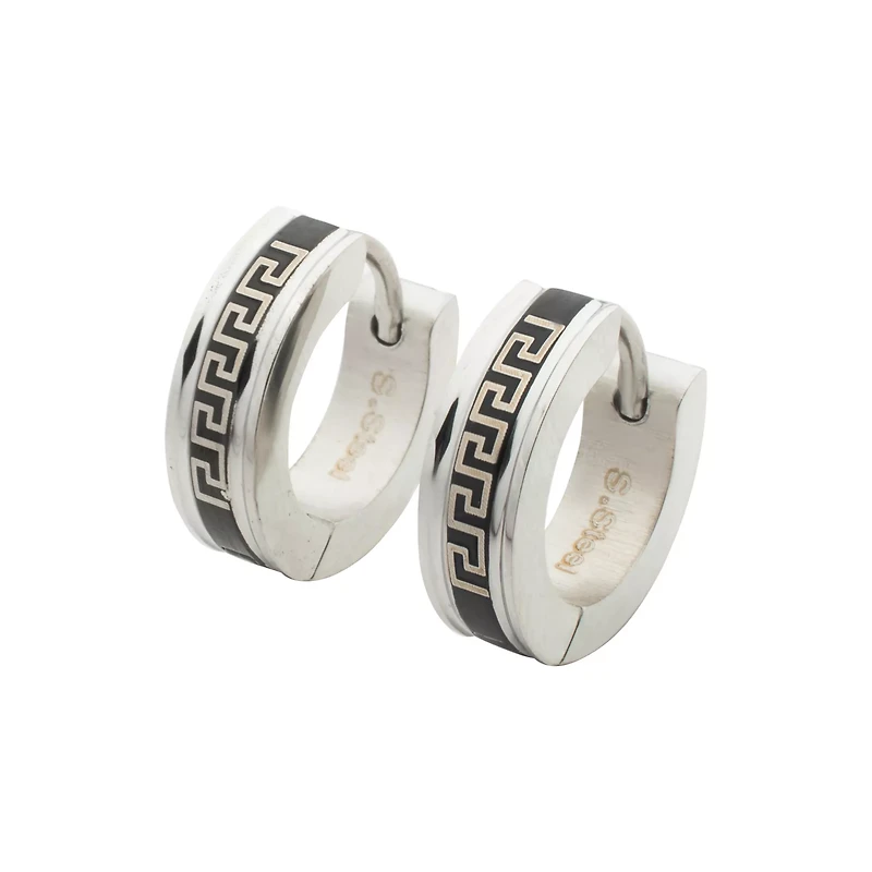 Silvertone and Black Greek Huggie Hoop Earrings