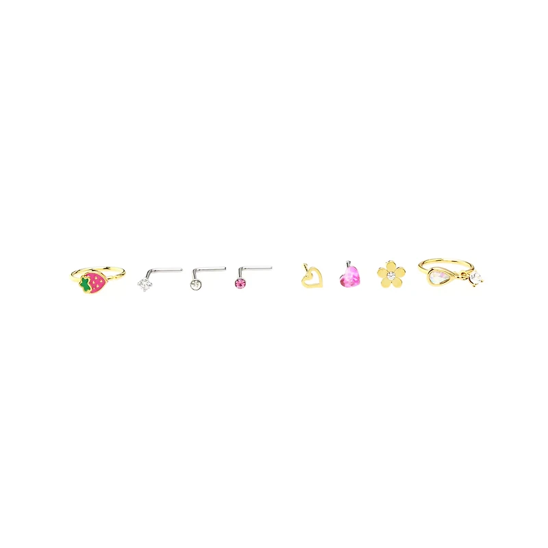Multi-Pack CZ Flower and Strawberry Mixed Nose Rings 9 Pack - 20 Gauge