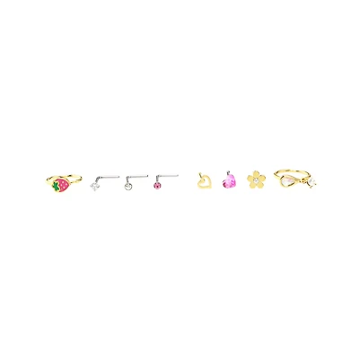 Multi-Pack CZ Flower and Strawberry Mixed Nose Rings 9 Pack - 20 Gauge