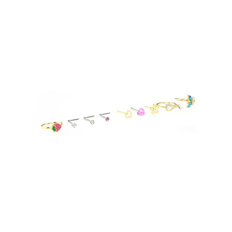 Multi-Pack CZ Flower and Strawberry Mixed Nose Rings 9 Pack - 20 Gauge
