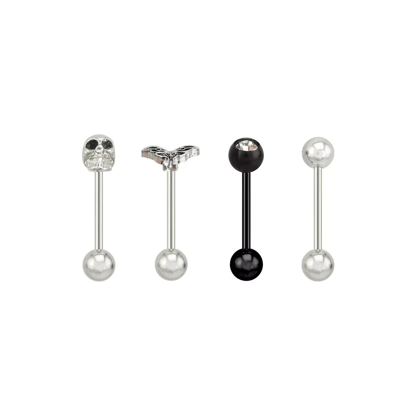 Multi-Pack CZ Skull and Moth Barbells 4 Pack - 14 Gauge