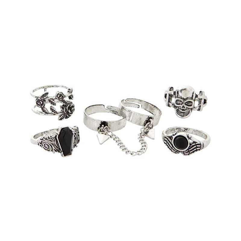 Multi-Pack Chain Rose Skull Coffin Rings - 5 Pack