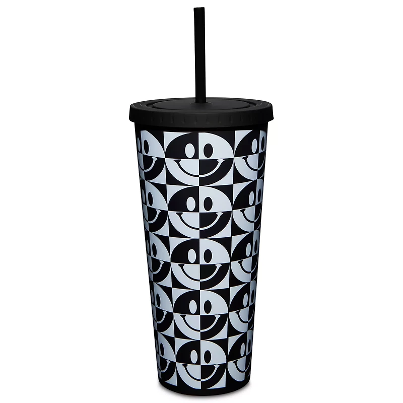 Black and White Smiley Cup with Straw - 24 oz.