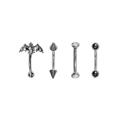 Multi-Pack Silver Bat and Spike Curved Barbells 4 Pack - 16 Gauge