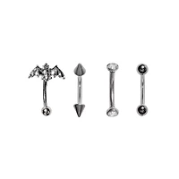 Multi-Pack Silver Bat and Spike Curved Barbells 4 Pack - 16 Gauge