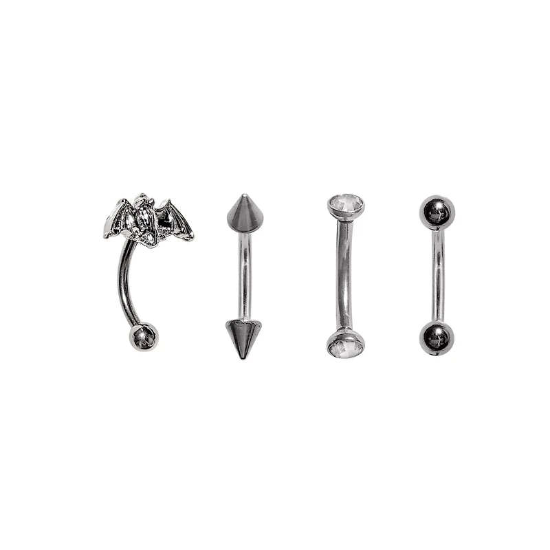 Multi-Pack Silver Bat and Spike Curved Barbells 4 Pack - 16 Gauge