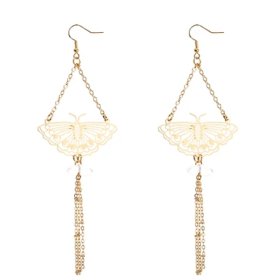 Goldtone Moth Drop Chain Dangle Earrings