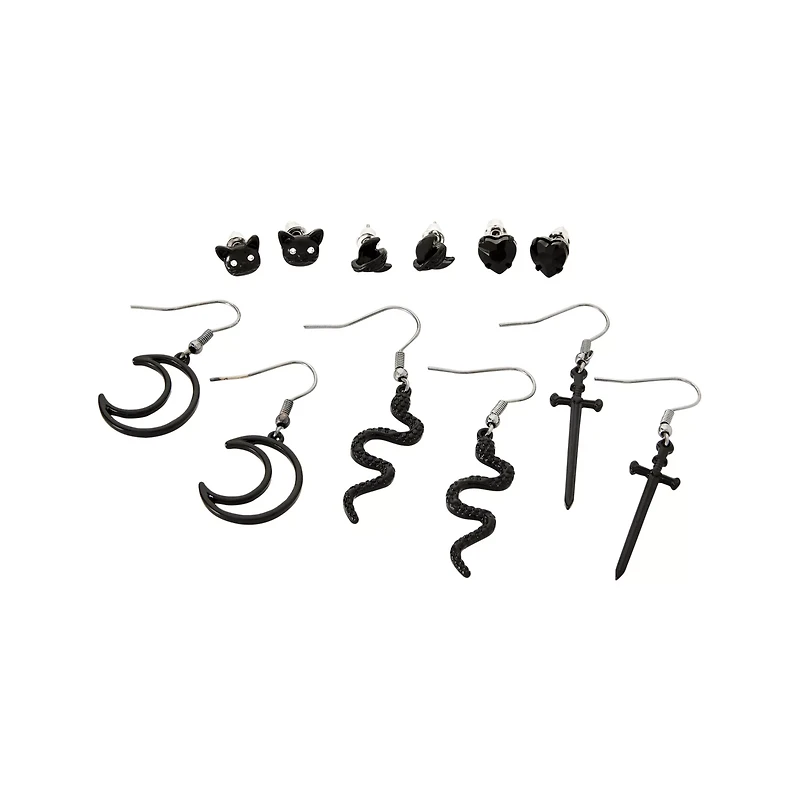Multi-Pack Black Sword Moon and Snake Dangle and Stud Earrings - 6 Pack