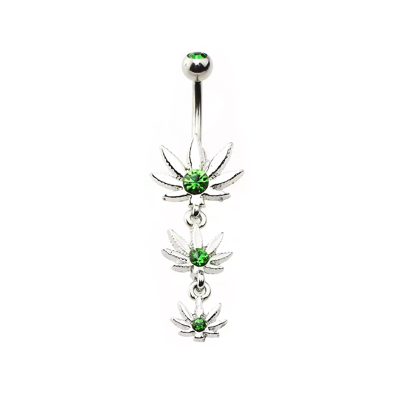 CZ Green Triple Weed Leaf Dangle Belly Ring - 14 Gauge