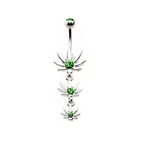 CZ Green Triple Weed Leaf Dangle Belly Ring - 14 Gauge