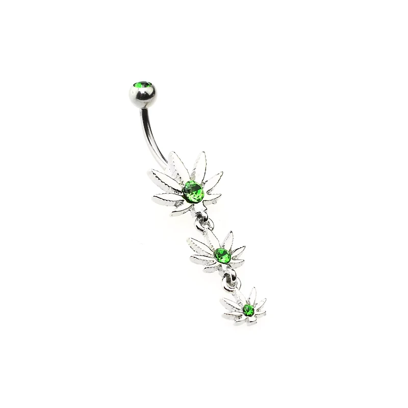 CZ Green Triple Weed Leaf Dangle Belly Ring - 14 Gauge