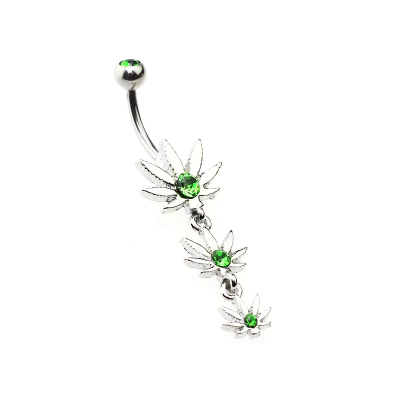 CZ Green Triple Weed Leaf Dangle Belly Ring - 14 Gauge