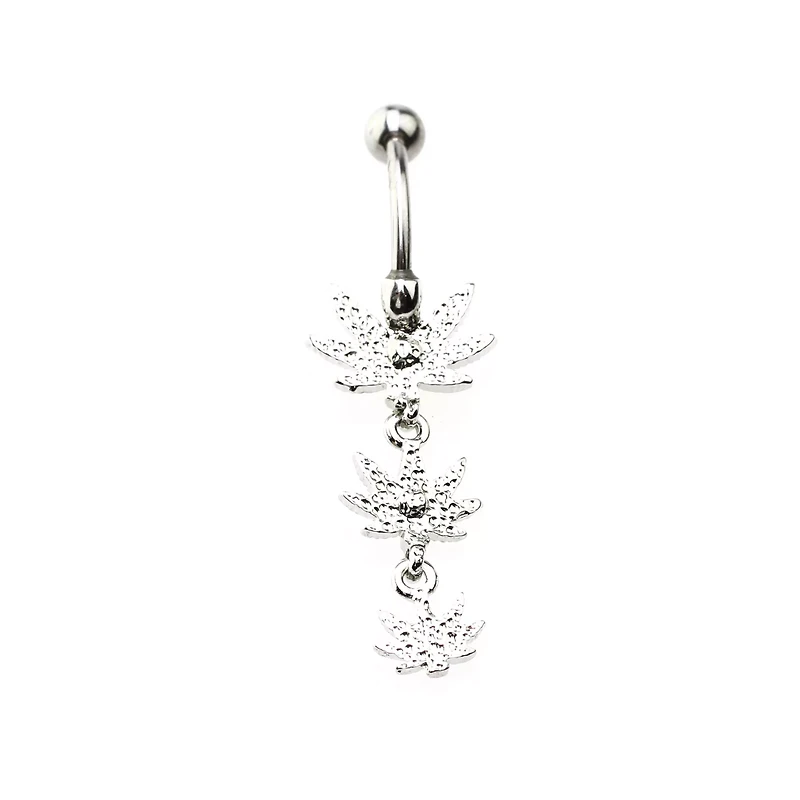 CZ Green Triple Weed Leaf Dangle Belly Ring - 14 Gauge