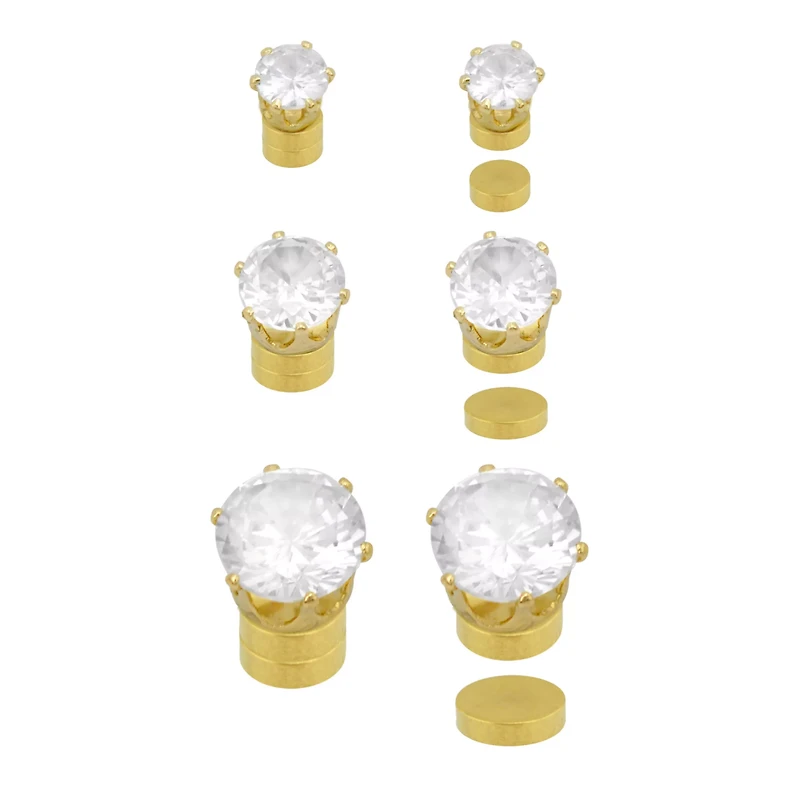 CZ Goldtone Magnetic Fake Earrings - 3 Pair