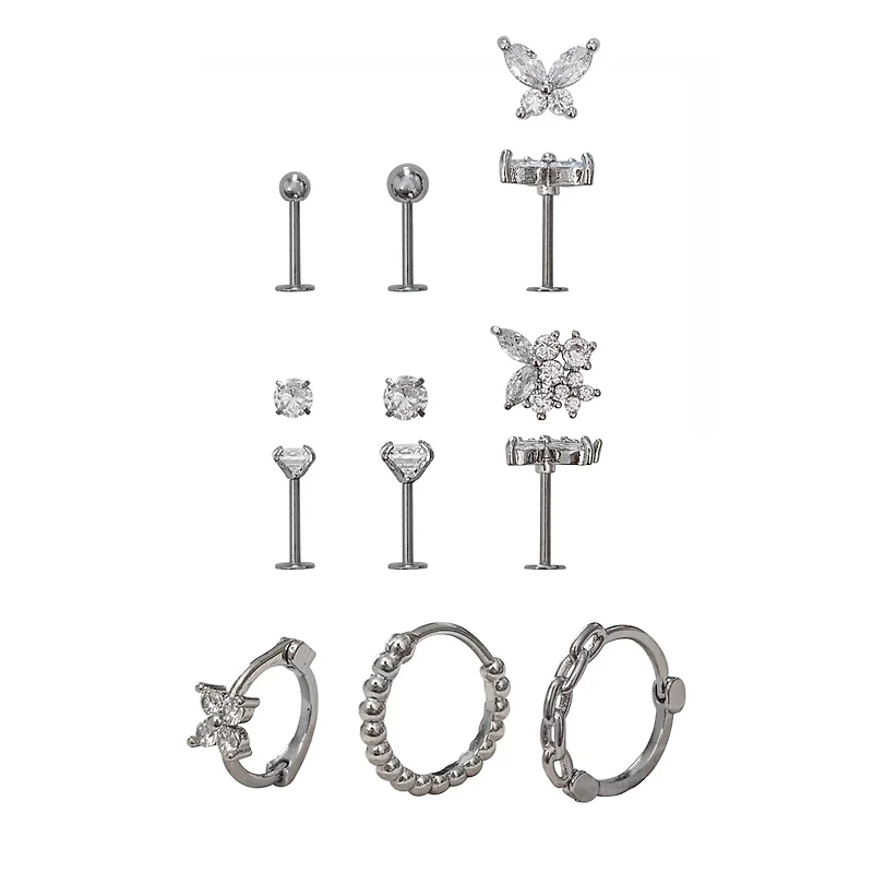 Multi-Pack CZ Silver-Plated Cartilage Earrings 9 Pack - 18 Gauge