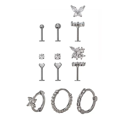 Multi-Pack CZ Silvertone Cartilage Earrings 9 Pack - 18 Gauge