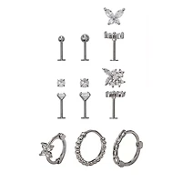 Multi-Pack CZ Silver-Plated Cartilage Earrings 9 Pack - 18 Gauge