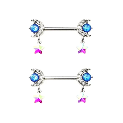 Silvertone Moon and Star Dangle Nipple Barbells - 14 Gauge