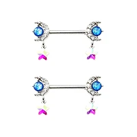 Silvertone Moon and Star Dangle Nipple Barbells - 14 Gauge