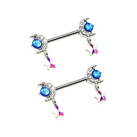 Silvertone Moon and Star Dangle Nipple Barbells - 14 Gauge