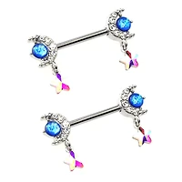 Silvertone Moon and Star Dangle Nipple Barbells - 14 Gauge
