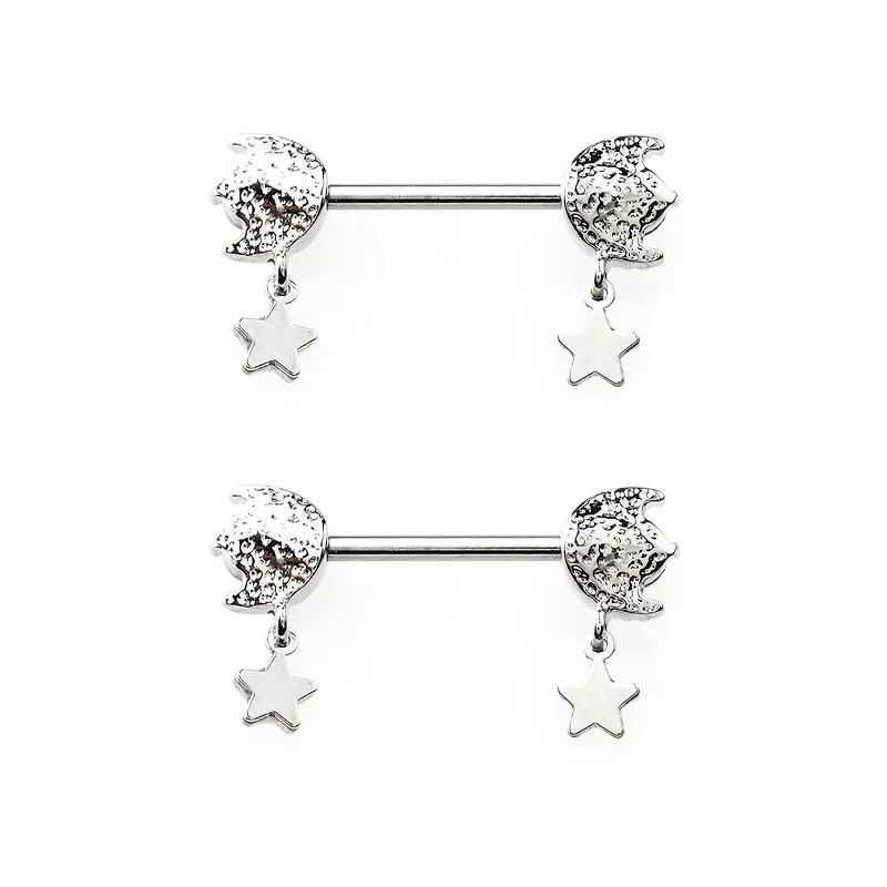Silvertone Moon and Star Dangle Nipple Barbells - 14 Gauge